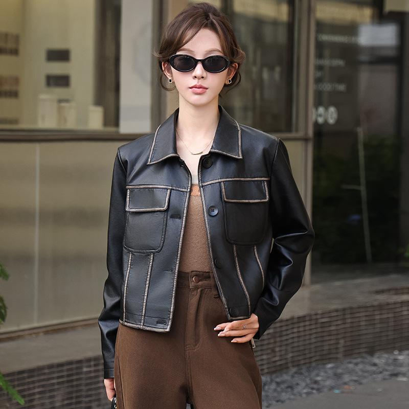 

Весенняя новая корейская версия маленькой модной кожаной куртки с лацканами, женская универсальная мотоциклетная куртка, тренд XL чёрный