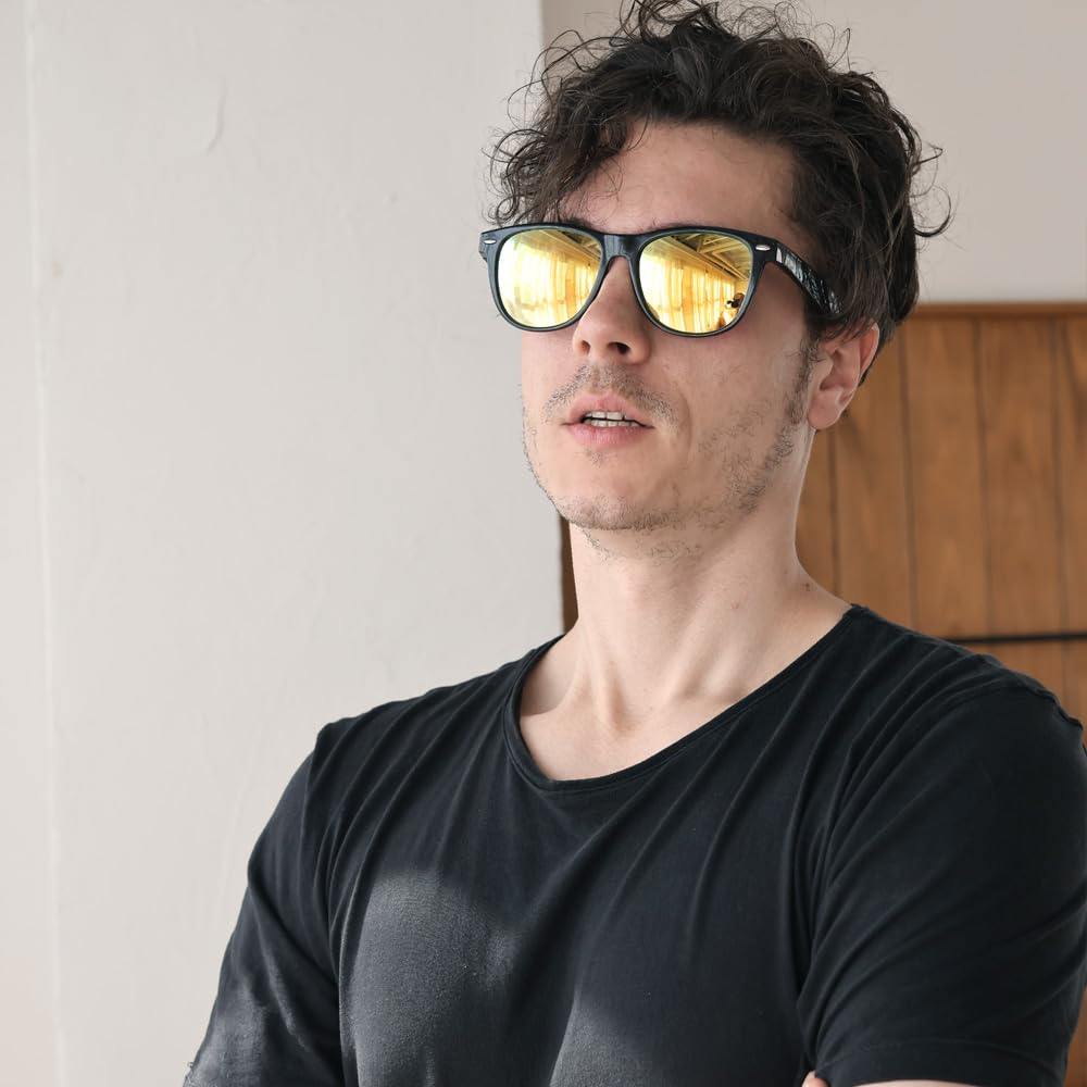 [FashionBerry] 2. Black x Yellow Mirror Sunglasses for Men, Wellington Style, 99% UV Protection, Lightweight Frame, UV Protection, Sports, Driving,