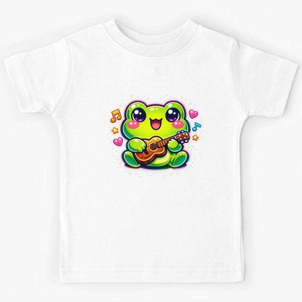 Neon Frog Musician Playing Tiny Guitar – Cute Cartoon Musical Frog Art Kids T-Shirt 120