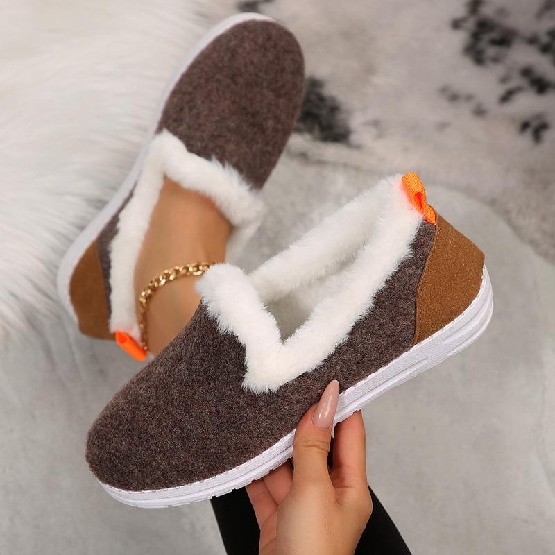 Cross-border Winter New Color Matching Flat-bottomed Velvet Snow Boots Women's Thickened Fluffy Warm Large-size Low-top Cotton Shoes