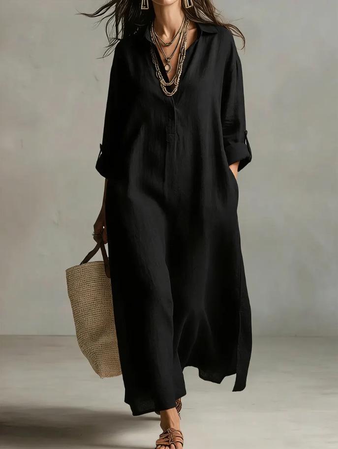 2026 Spring/Summer Casual Solid Color Lapel Long Sleeve Shirt Dress
