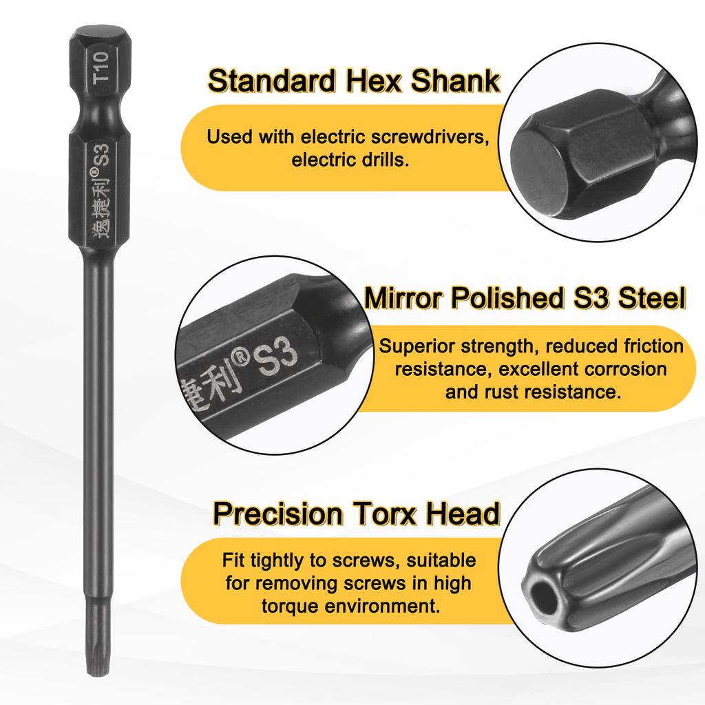 6pcs T6-T40 Torx Screwdriver Bit 1/4" Hex Shank 75mm/100mm S3 Steel Magnetic Tamper Proof Star 6 Point Head Hex Screw Driver Bit