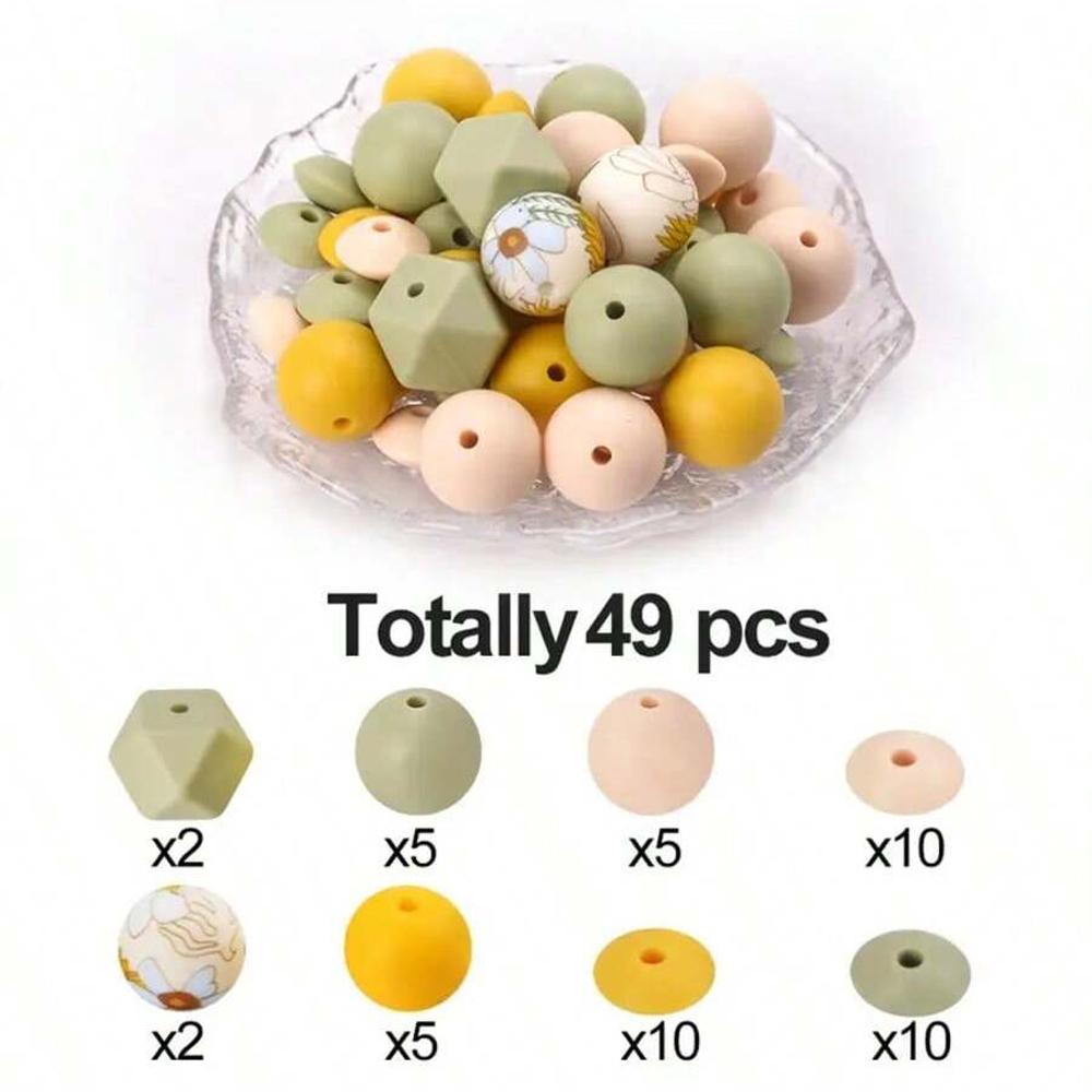 49PCS Bohemian style printed silicone beads, suitable for DIY handicrafts, creative keychains, bracelets, necklaces, etc