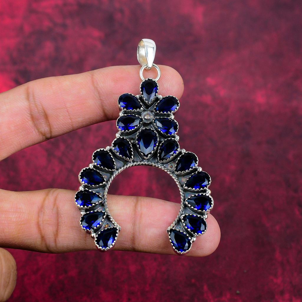 Zafiro Azul Creado en Laboratorio Joyería de Plata de Ley 925 Sólida, Joyería de Colgante Hermoso Hecho a Mano Para Mujeres