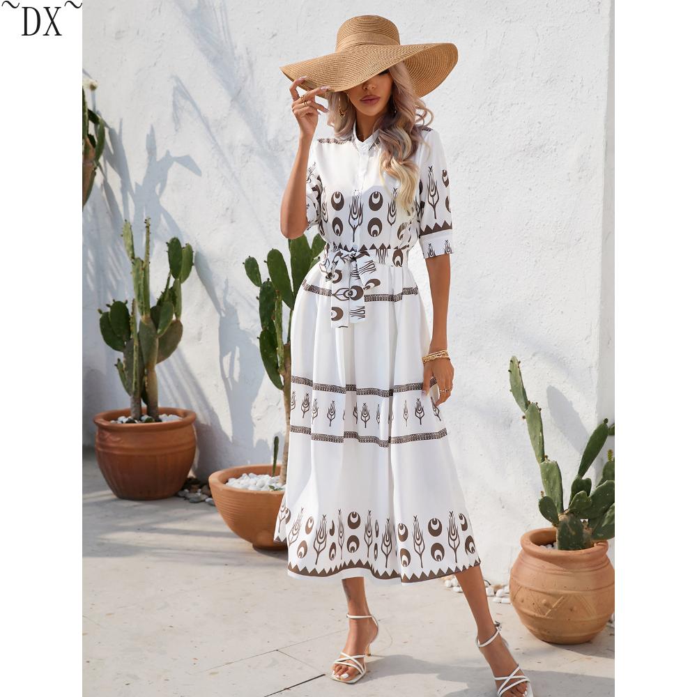 DX~~~ Sommerkleid mit bedrucktem Fünf-Punkt-Ärmeln