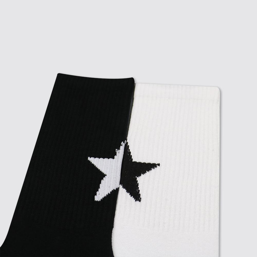 Unisex Black & White Star Mid-Tube Socks - Original Street Style, Cotton, Perfect for Couples