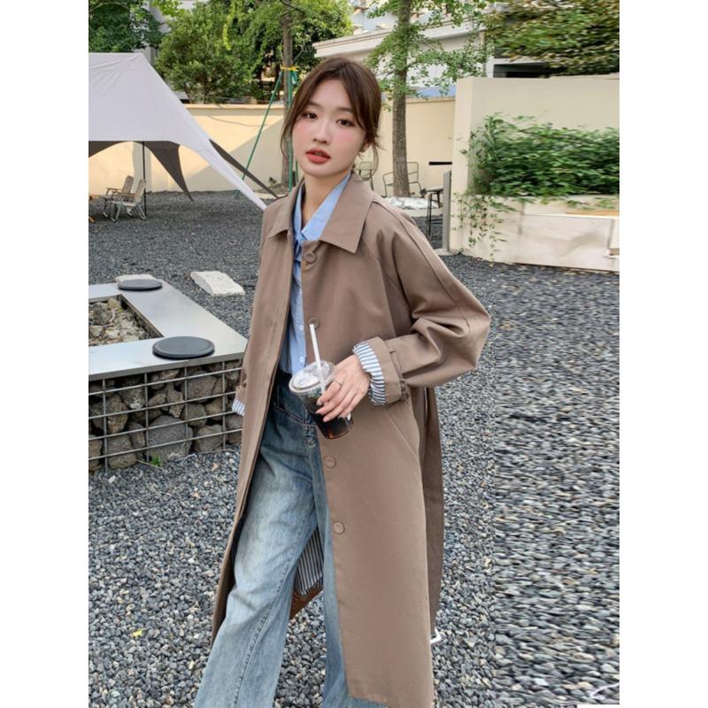Dark Khaki Single-breasted Windbreaker Women's Mid-length Spring and Autumn New Temperament Loose Design Coat Jacket