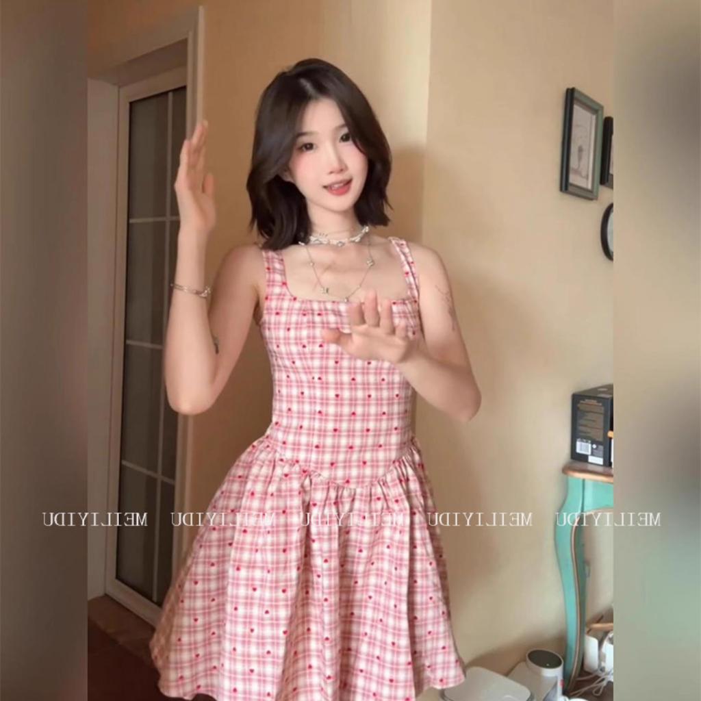 French sweet pink plaid sleeveless Korean dress women's summer sweet and playful girlish A-word skirt short skirt women