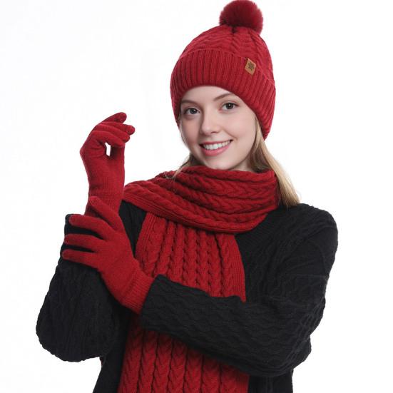 Winter Hat Scarf Gloves Set for Women Fleece Lined Pom Pom Skull Cap Long Scarf And Gloves Set Warm Knit 3 Pcs Set for Cold Weather