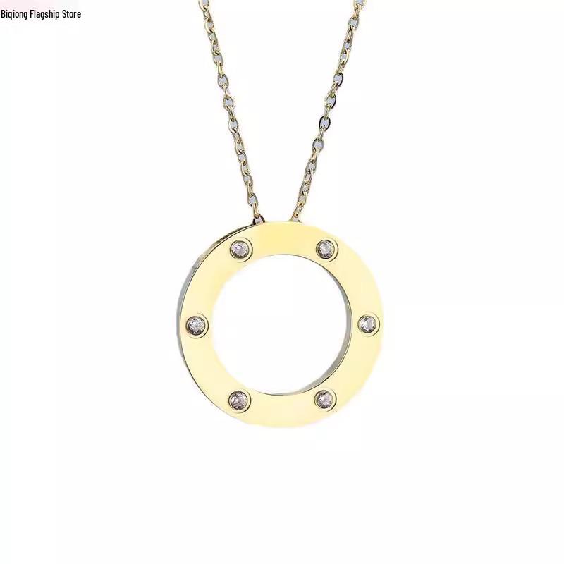 Trendige minimalistische Damen-Halskette mit sechs Diamanten aus Titanstahl in runder Kuchenform - Anlaufbeständiges Frühlings-/Sommer-Paar-Accessoire