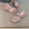 Niche leopard print cool slippers women's shoes outer wear 2025 new models with skirts, wedges, thick soles to increase height, Roman word sandals