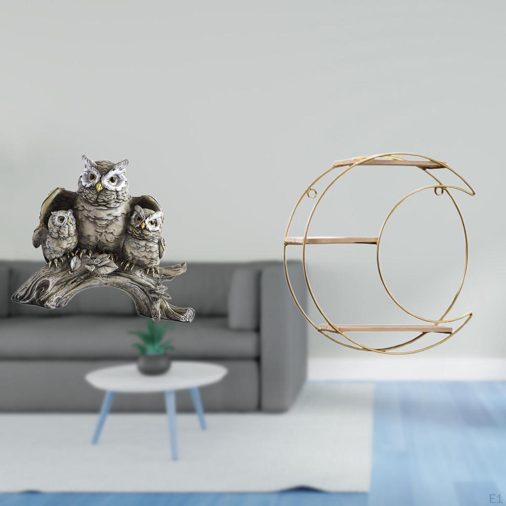 Owl Sculpture Tabletop Ornament for Living Room Office Cabinet Decor with Metal Wall Hanging Shelf