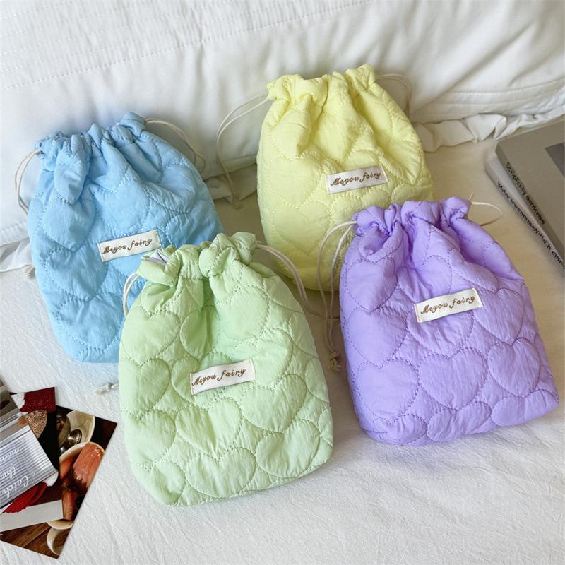 Korean Style Heart Quilted Drawstring Cosmetic Bag - Dustproof, Padded, Perfect for Travel.