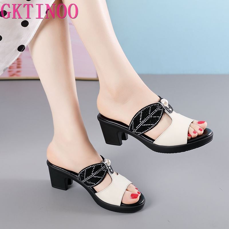 Fashion GKTINOO Women Slipper's 2025 Ladies Summer Slippers Shoes Women High Heels Fashion Rhinestone Summer Shoes Genuine Leather