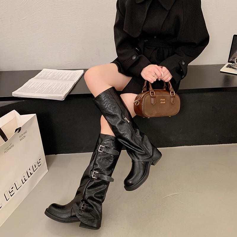 Vintage medium and high tube western denim pile knight women's boots autumn new buckle French trousers thick heel knight boots