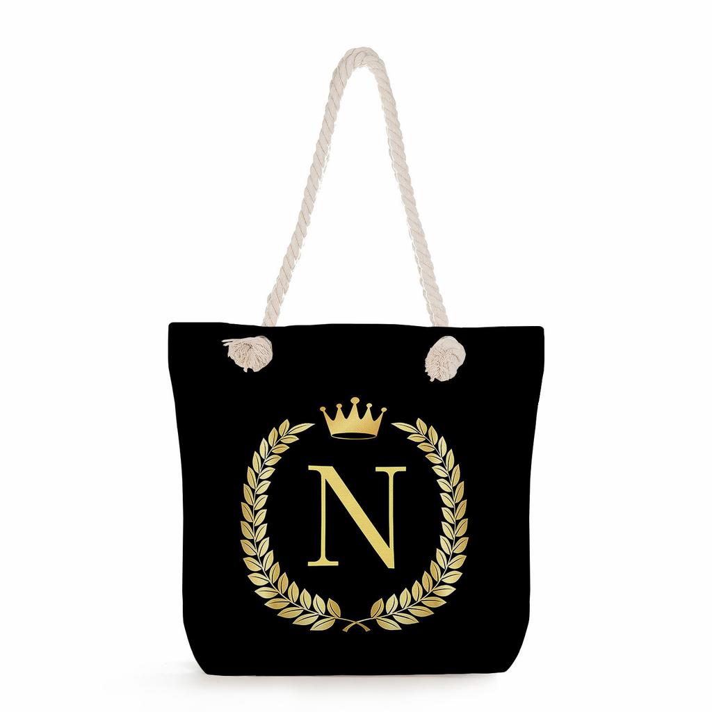 Black letters on a black background print thick rope single-shoulder beach bag 7289 CLE