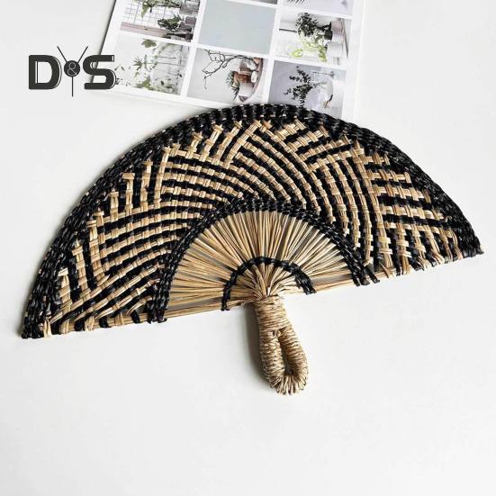 Handgefertigter Fächer aus Strohweben, natürliches Seegras, Raffia-Handfächer, halbrund, gewebtes Palmblatt, Handfächer, Sommer-Kühlfächer, Hochzeits-Party-Dekoration