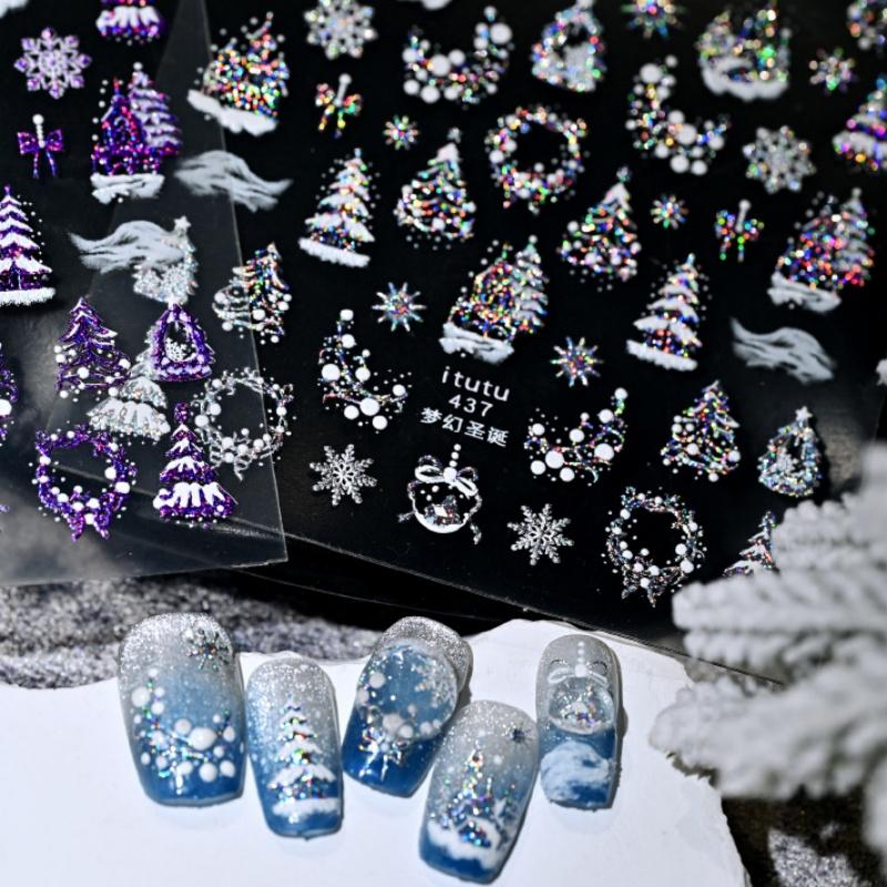 1Pcs Christmas Embossed Nails Art Stickers Dreamy Castle Christmas Tree Snowflake Self-Adhesive Manicure Decals Nail Decoration