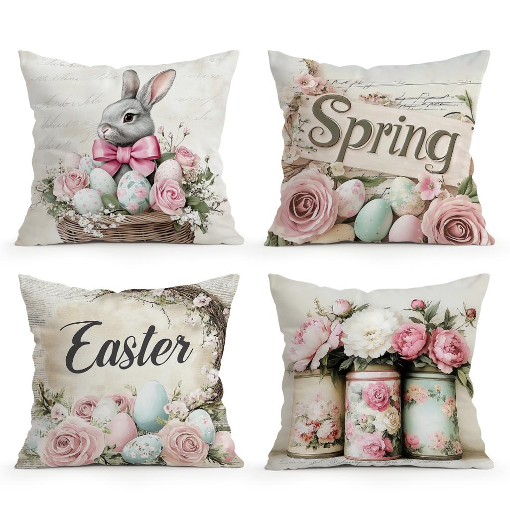Rabbit Flower Easter Egg Pillowcase Printed Polyester 40/45/50Cm Throw Pillowcover Decorative Sofa Cushion Pillowslip Home Decor