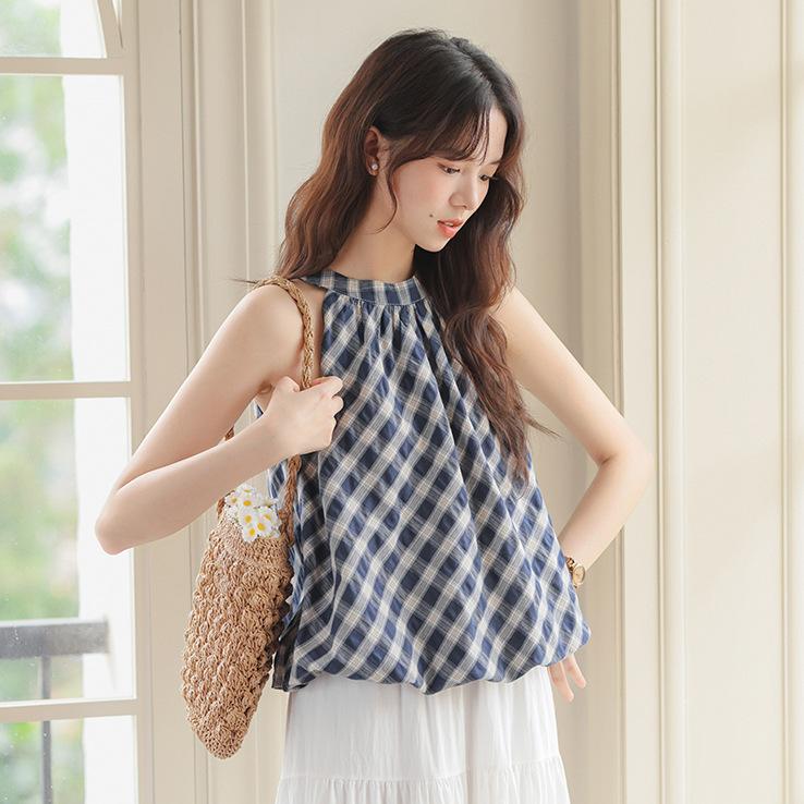 Summer Plaid Crew Neck Sleeveless Bud Neck Shirt Women's Sleeveless Suspender Vest
