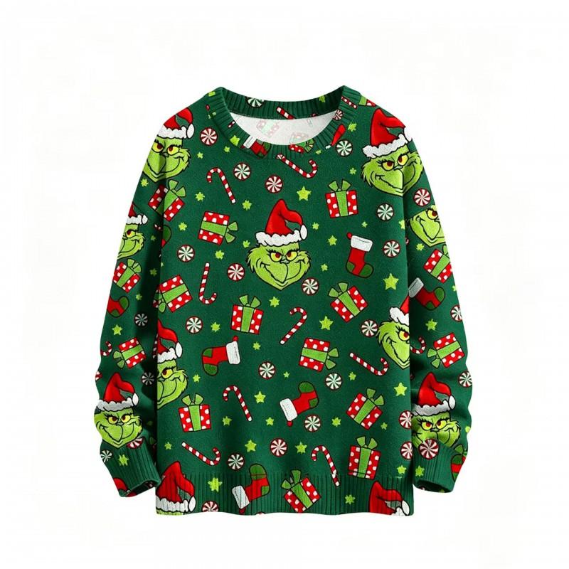 Womens Loose Fit Crew Neck Christmas Grinch Print Long Sleeve Sweater Casual Trendy Pullover In Multiple Colors