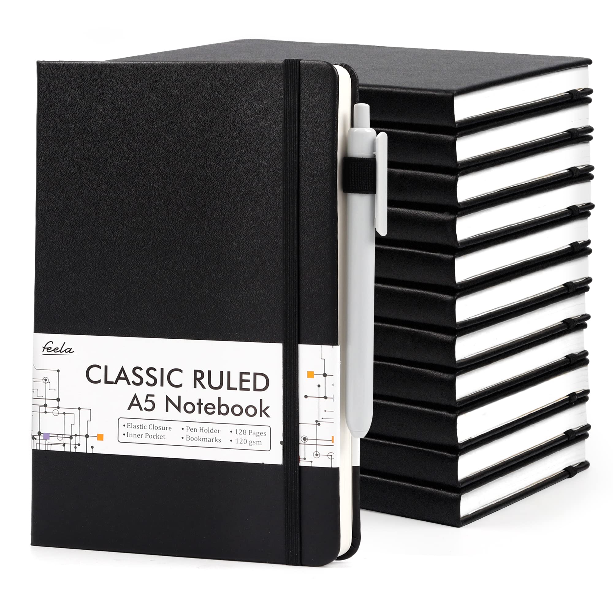 Feela A5 7mm 64 Horizontal Synthetic Leather Horizontal Inner Bookmark Classic Memo Pad Notebook, 12-Pack, A-Ruled, Sheets, Black, Ruled, Hardcover,