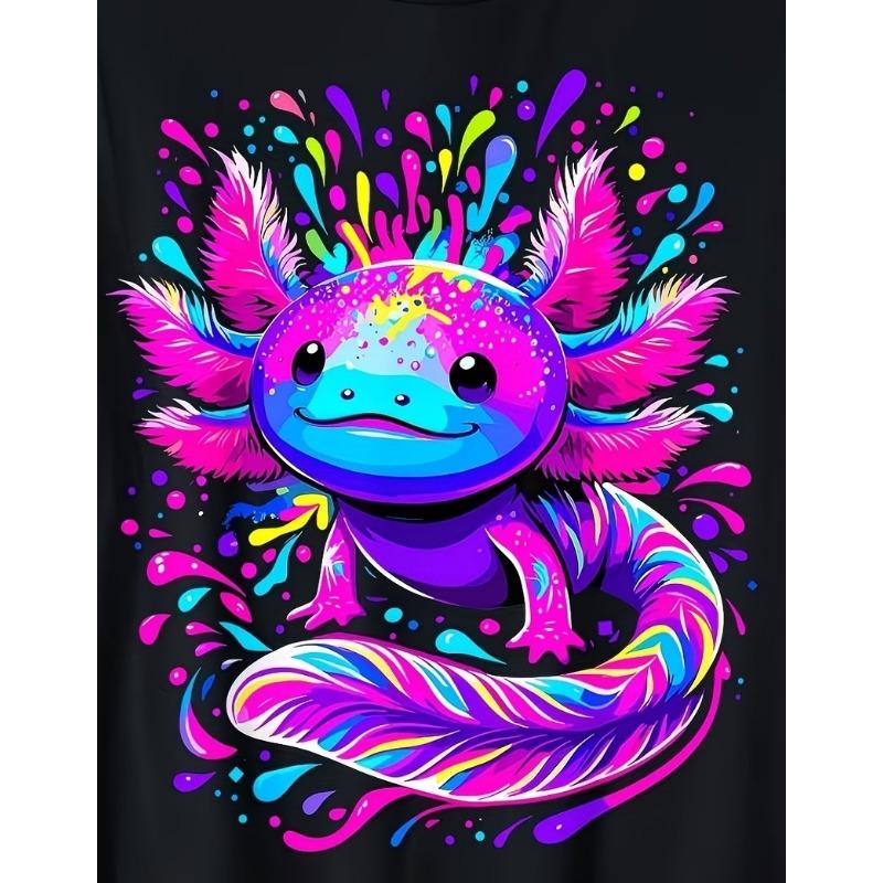 Jungen Sommer Rundhals Kurzarm T-Shirt mit Neon Leucht-in-der-Dunkelheit Axolotl Aufdruck