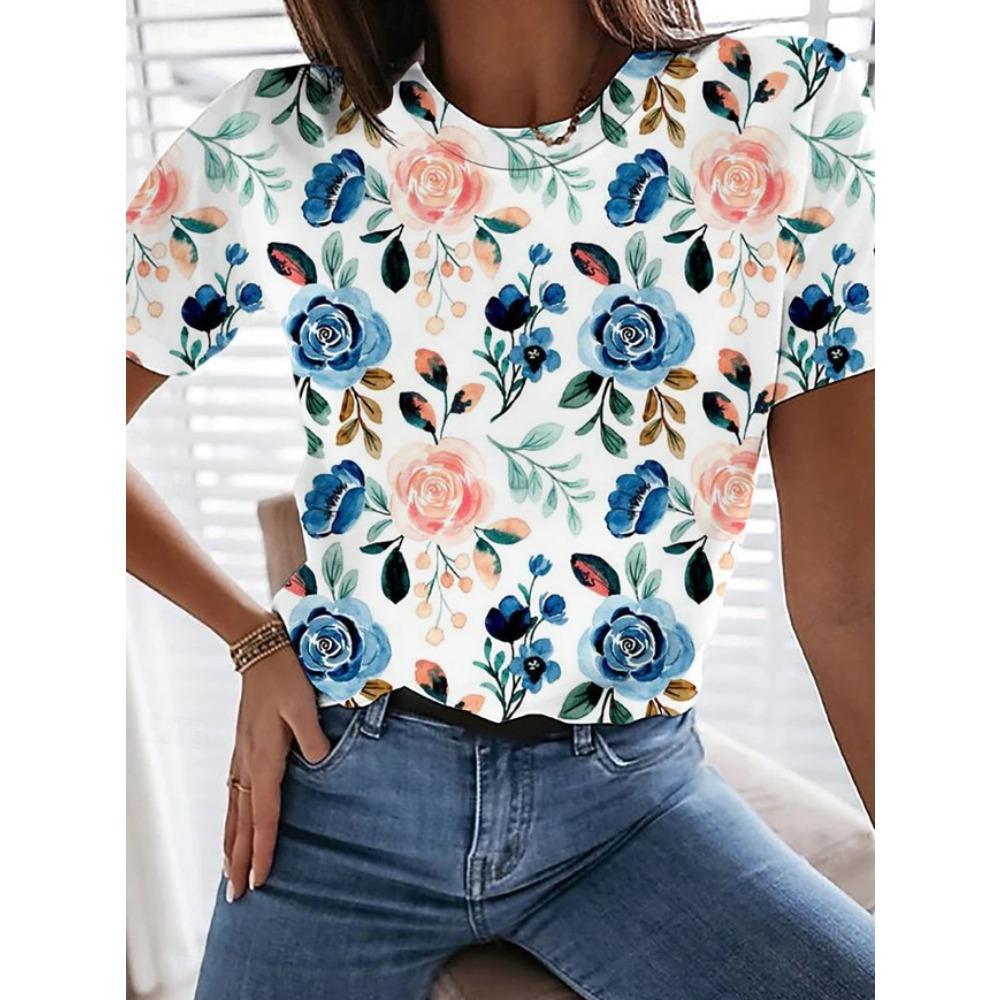 Fashion Women Flower Pattern Print T Shirt Funny Casual O-neck Short Sleeves T-shirt Summer Female Tee Shirt