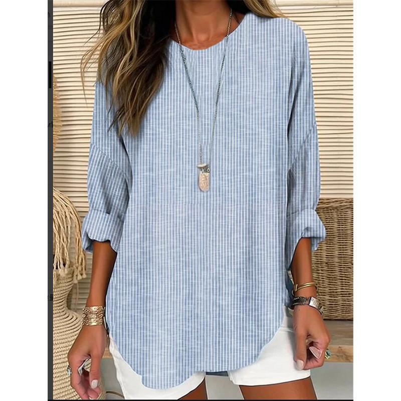Spring Fashion Womens Striped Cotton Linen Shirt With Patching For Casual Wear