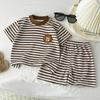 Jungen Schwarz-Weiß Gestreiftes T-Shirt mit Bär und Schlüsselmotiven - Kurzarm Sommer Baumwoll Oberteil
