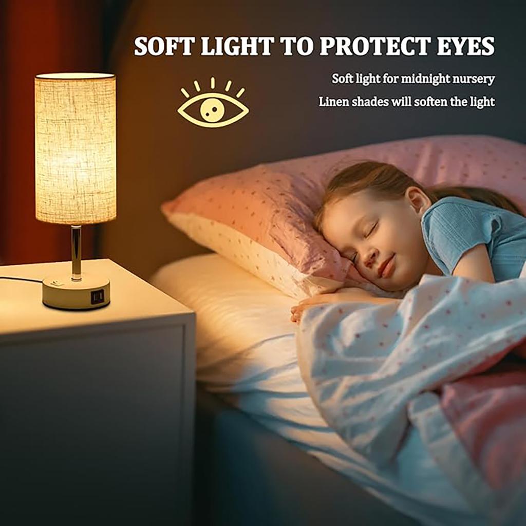 E27 bulb desk lamp with USB port circular linen lampshade suitable for bedroom bedside table decoration light without bulb