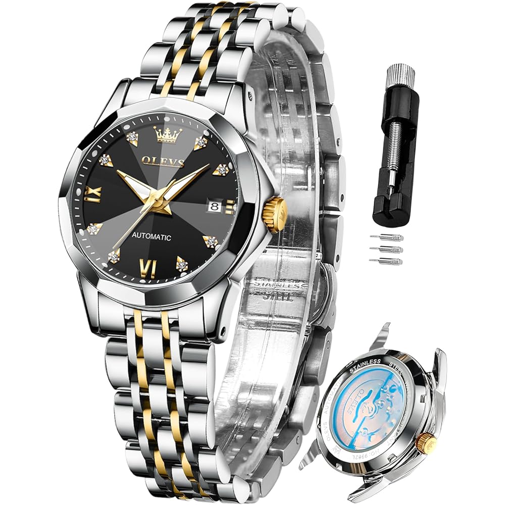 OLEVS Women s Automatic Watch Diamond Stainless Steel Luminous Waterproof Two-Tone Band Black Dial