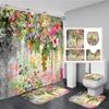 Butterfly Red Roses And Flowers Print Shower Curtain Set Anti-Slip Rugs Toilet Lid Cover Bath Mat  Bathroom Curtains Decoration