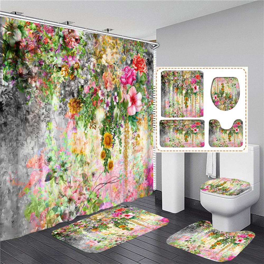 Butterfly Red Roses And Flowers Print Shower Curtain Set Anti-Slip Rugs Toilet Lid Cover Bath Mat  Bathroom Curtains Decoration