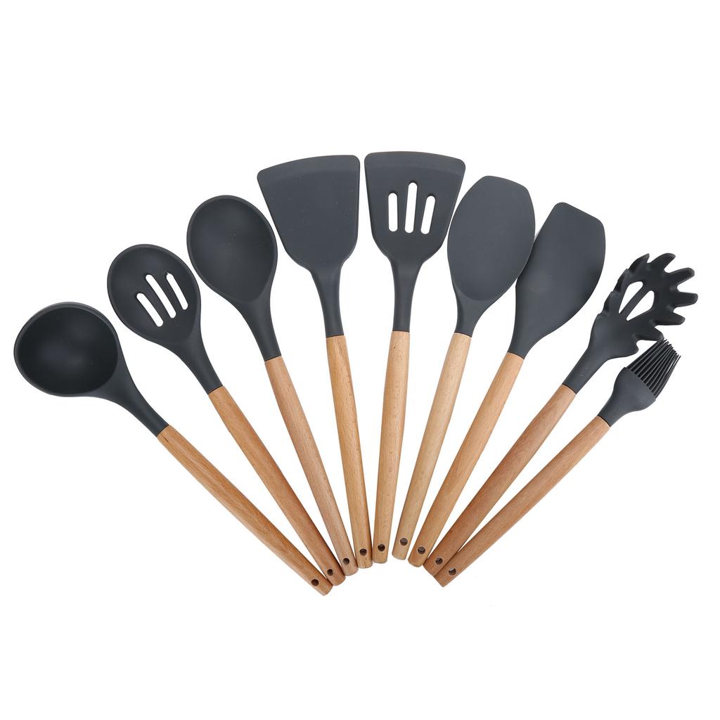 9Pcs Set Silicone Kitchenware Kit NonStick Cooking Utensils Baking Tool with Wooden Handle