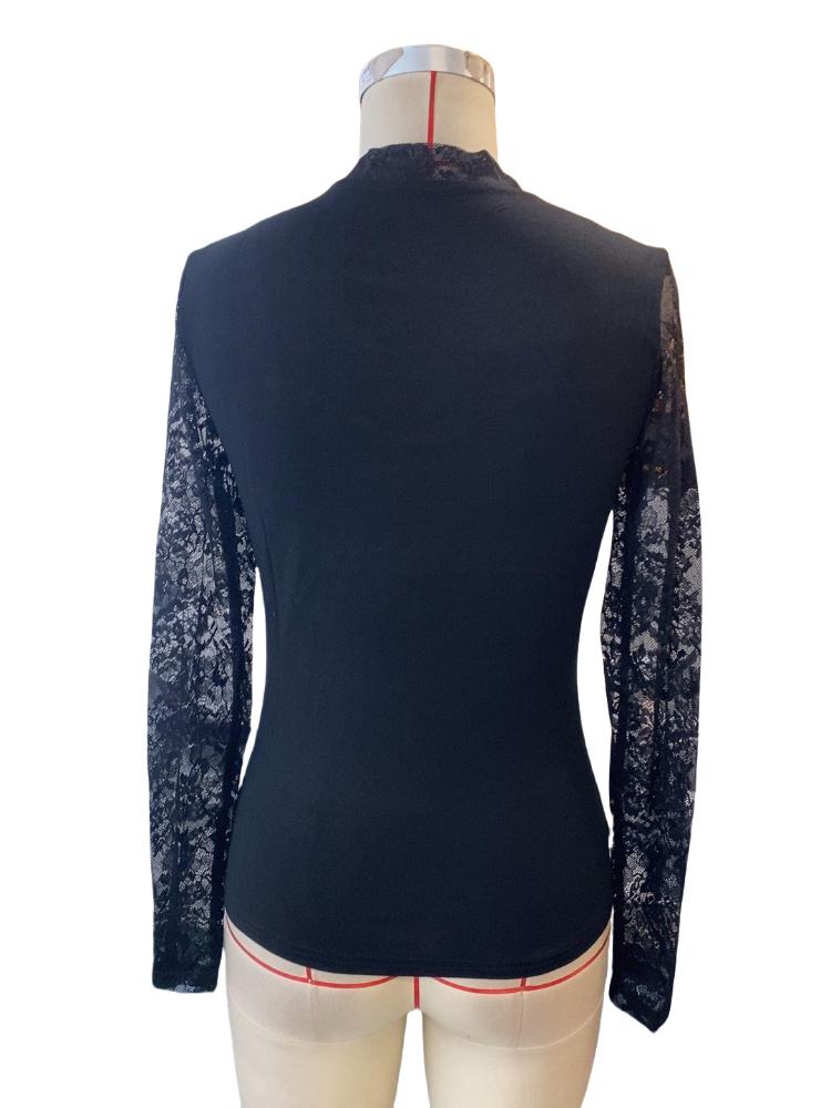 French New Elegant Lace Stitching Tops Women High Street Vinateg Long Sleeves Slim Pullover Fashion Design Stand Up Collar Casual T-shirts