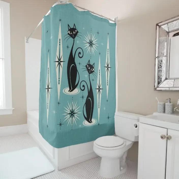 

Retro Atomic Cat Mid-Century Cat Family Holiday Shower Curtain Bathroom Curtain With Hook Bathroom Curtain W60H190(CM)-1 Pcs
