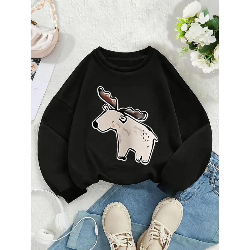 Kids Crewneck Sweatshirt, Spotted Moose with Antlers Graphic Print,Spring Autumn Casual Sport Tops