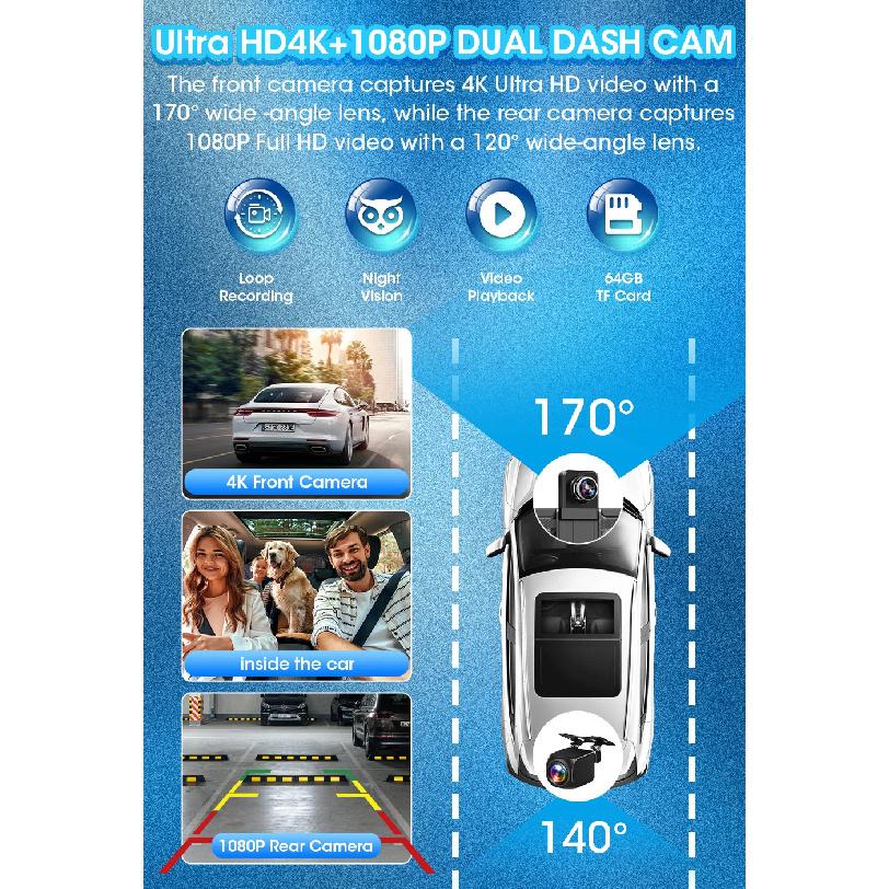 11.26 inch ADAS Car DVR 4K Dash cam Wireless Carplay Android Auto Bluetooth Dashboard Video Recorder Siri Voice Control FM AUX