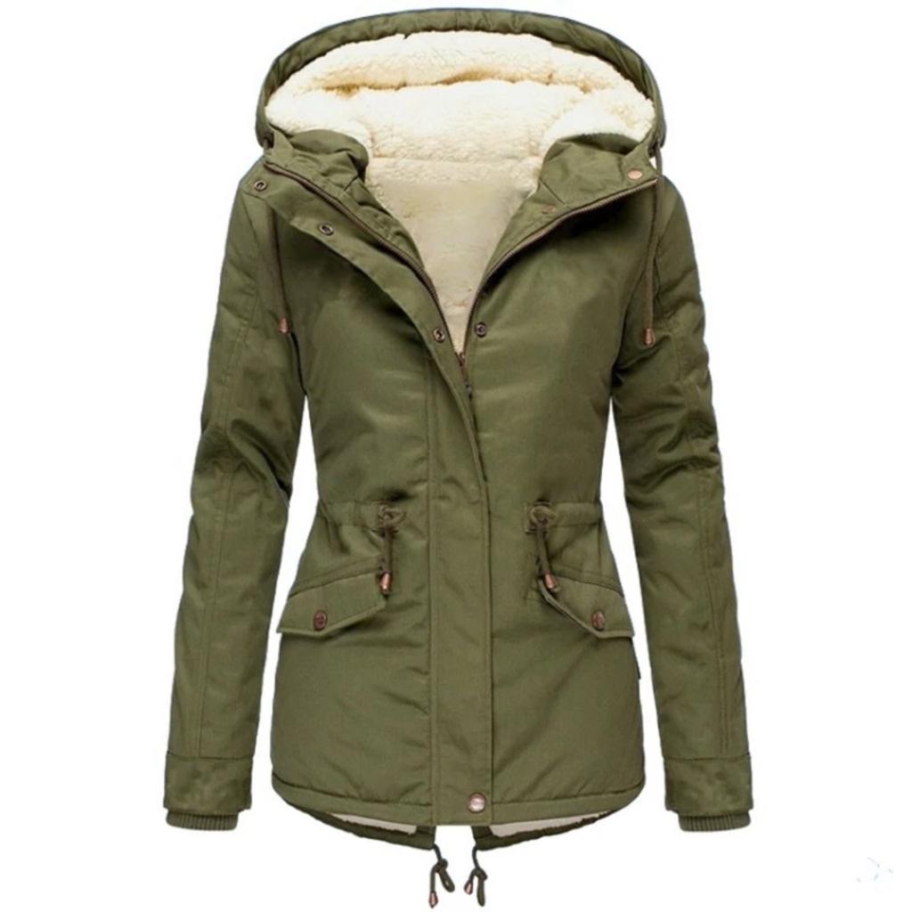 2025 Winter Women's Solid Color Hooded Parka Coat Thick Fleece Lined Cotton Jacket Outerwear