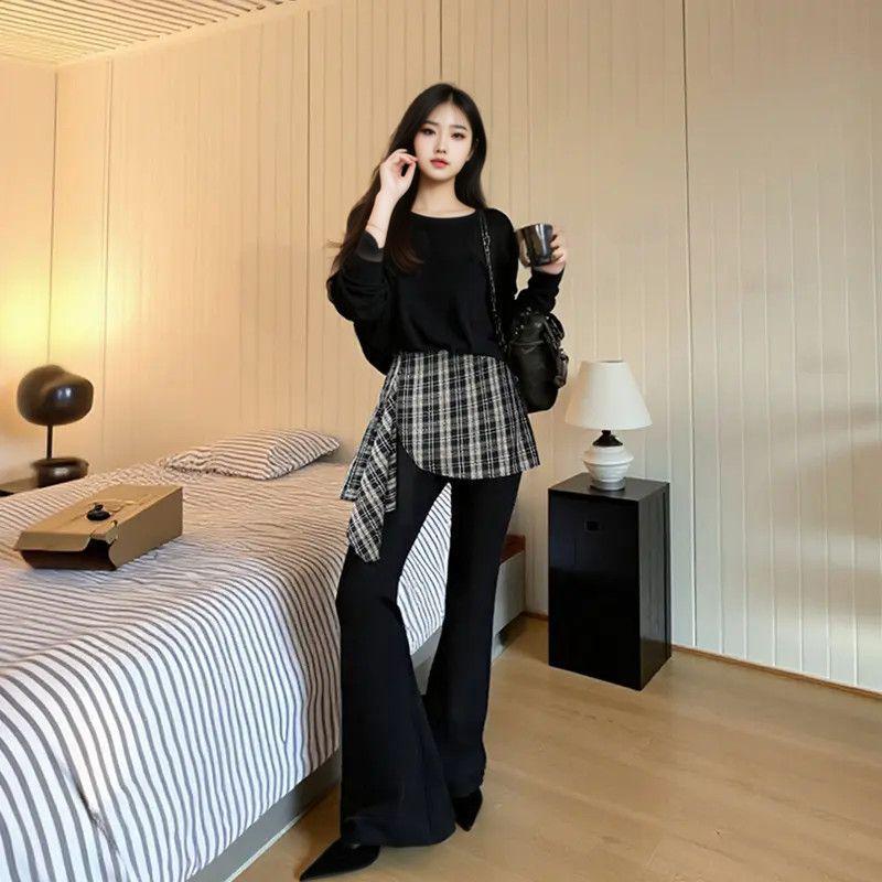 

Korean Black Fashionable Women s Suit: Spring/Autumn Loose Top & Plaid Casual Pants Set M (90-100 jin)