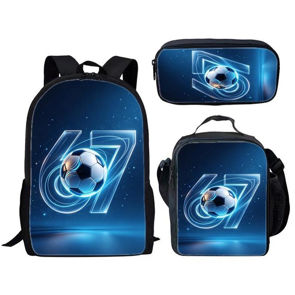 Three Piece Student Backpack Set Includes Backpack Lunch Bag Pencil Case Durable Material Suitable for School Use Sports Theme Design