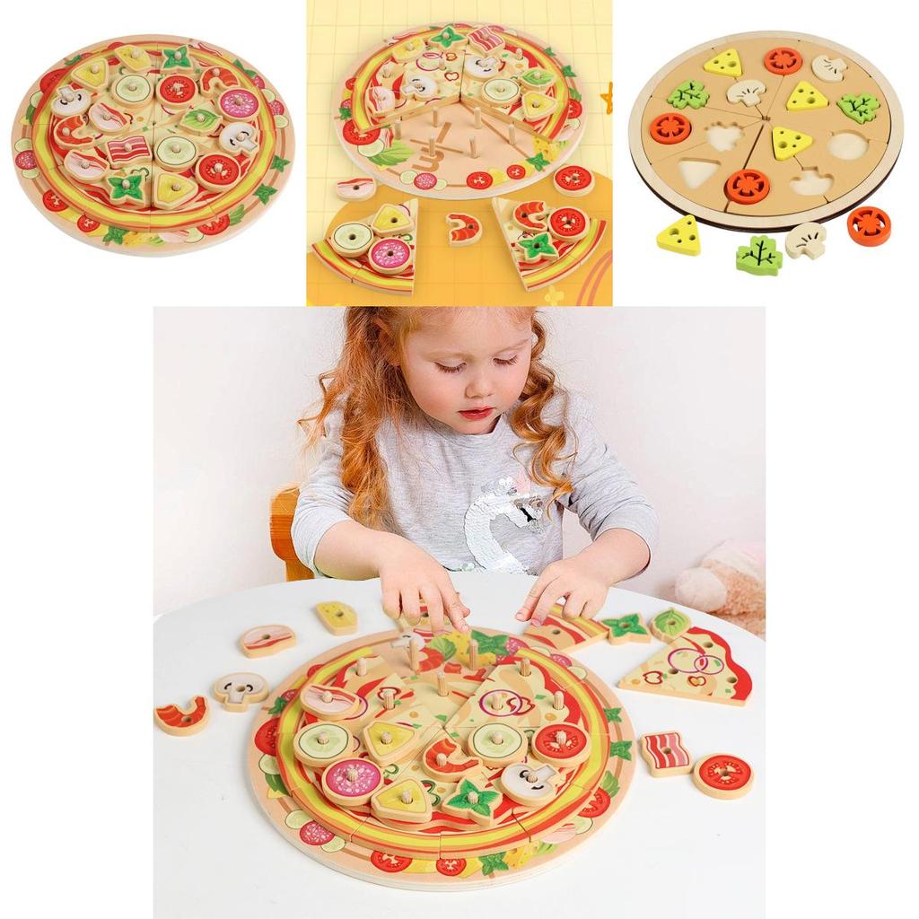 Jeu éducatif interactif pour parents et enfants, jouet à empiler en bois multicouche en forme de pizza pour enfants