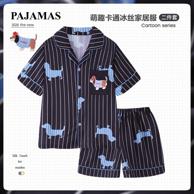 Boys Lightweight Ice Silk Pajama Set Short Sleeve Sleepwear Kids 3-8 Years Cartoon Print Two-Piece Home Wear