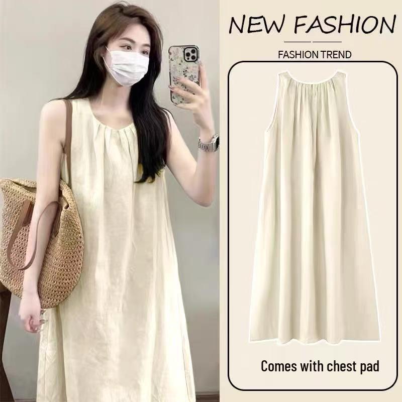 

Cloud Cotton Knee-Length Dress with Built-in Bra Pads - Solid Color, Simple Style for Home Wear XL абрикосовий