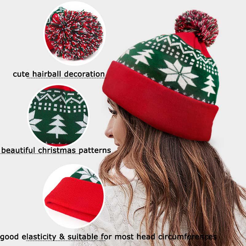 WTEMPO Retro Christmas Knitted Hat Cute Hairball Hat with Beautiful Christmas Patterns Good Elasticity Suitable for Most Head Circumferences