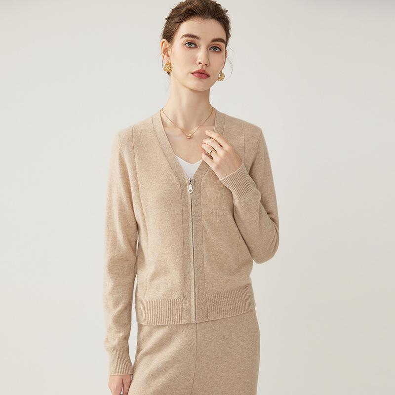 Elegant Women's Autumn/Winter V-Neck Cashmere Cardigan - Solid Color, Warm, Loose Slimming Fit