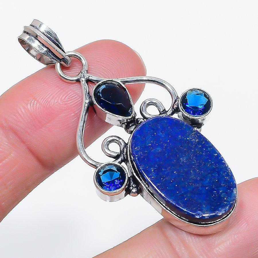 Lapis Lazuli, Topaz Gemstone 925 Sterling Silver Jewelry Pendant 2.17"