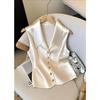 Satin French Temperament Women Vest Shirts Chic Point Turn-down Collar V-neck Vest Jacket Beige Sleeveless Blouse
