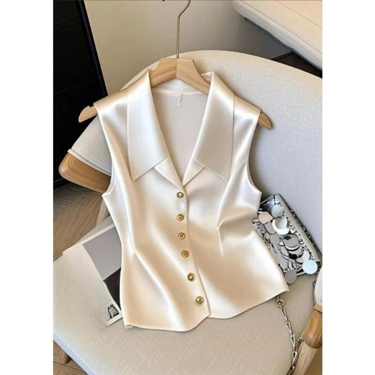 Satin French Temperament Women Vest Shirts Chic Point Turn-down Collar V-neck Vest Jacket Beige Sleeveless Blouse